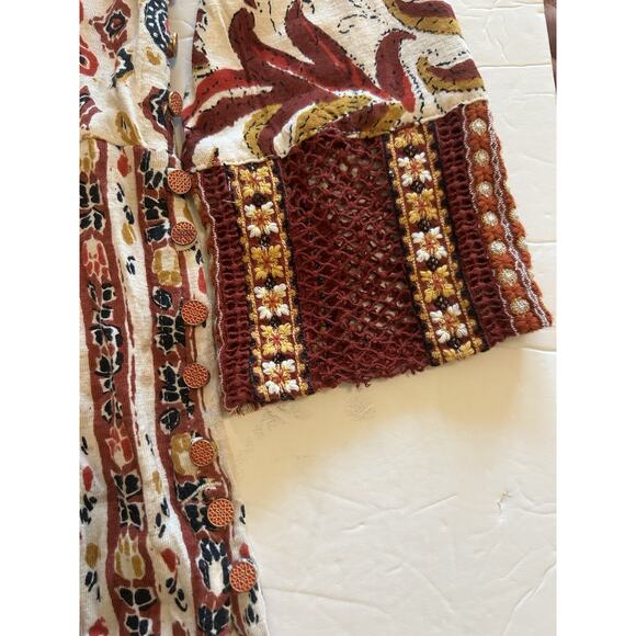 NWT Soft Surroundings Tunic Small Brown Fall Print Gold Button Side Knit Sleeves - Picture 6 of 14